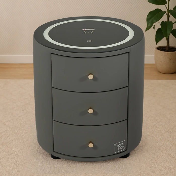 Nashville Smart Bedside Table – Grey Faux Leather 3-Drawer Nightstand with LED Lights, Bluetooth & Wireless Charger | The Sofa Shop