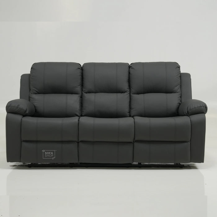 3 Seater Grey Leather Manual Recliner Sofa With Plastic Cup Holders| Used Condition | Trento | SS29