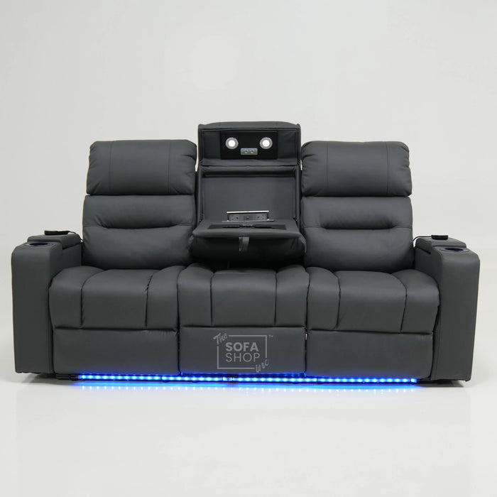 3 Seater Smart Grey Leather Sofa | High-Tech Recline Sofa With Drop-Down Table, USB Port, Vibration Massage | No Ears And Scuff On Corner | Siena | Second Hand Sofa SS02