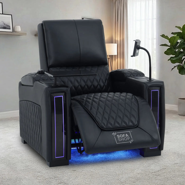 1 Seater Black Real Leather Electric Recliner Cinema Armchair | Hi-Tech Armchair With Vibration Massage & Heated Lumbar, Cooler Cup Holder, Power Grommet, Power Headrest | Assisi | The Sofa Shop
