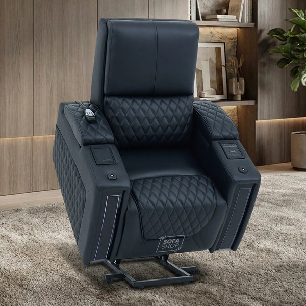 1 Seater Electric Dual Lift Riser Cinema Chair | Power Recline, Heated Lumbar + Massage & Cooling & Heating Cup Holders | Black Real Leather Riser Armchair with Tray Tables | Assisi | The Sofa Shop