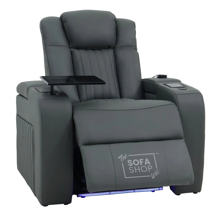 Electric Recliner Cinema Chair in Grey Genuine Leather | Hi-Tech Armchair With Massage, Heated Lumbar, Heating & Cooling Cup Holders & Power Headrest | Capri | The Sofa Shop