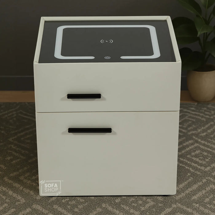 California Smart Bedside Table – Off-White 2-Drawer Nightstand with Hidden Safe, LED Lights & Wireless Charger | The Sofa Shop
