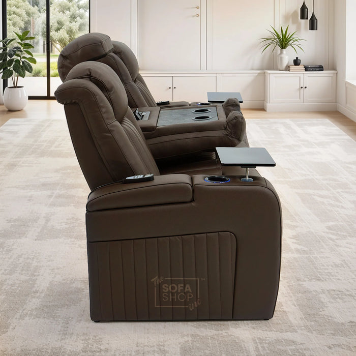 Dark Brown Real Leather 3 Seater Cinema Sofa | Electric Recliner Couch with Massage, Heat, Fold-Down Table & Wireless Charger | Capri | The Sofa Shop
