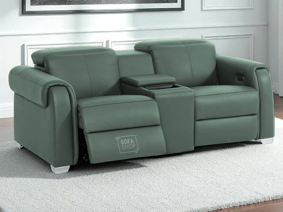 2 Seater Real Leather Electric Recliner Sofa | Cinema Sofa | Hi-Tech Sofa in Green with Massage, Middle Console, Adjustable Headrests & USB | Turin