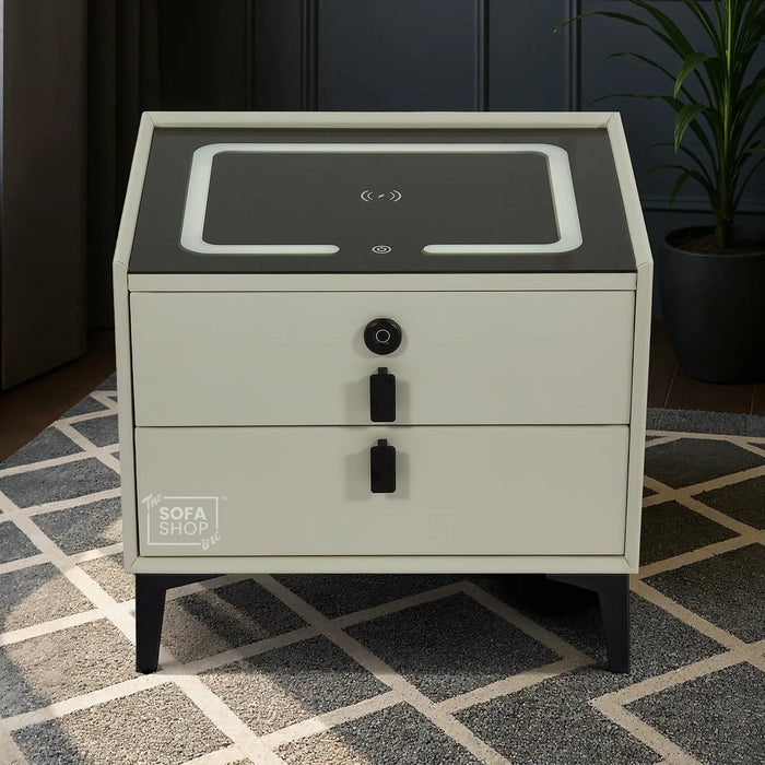 Miami Smart Bedside Table – Off-White 2-Drawer Nightstand with LED Lights, Fingerprint Lock & Wireless Charger | The Sofa Shop