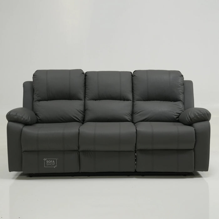 3 Seater Manual Recliner Sofa in Grey Leather | Drop-Down Table & Cup Holders | Trento | Second Hand 28 | The Sofa Shop