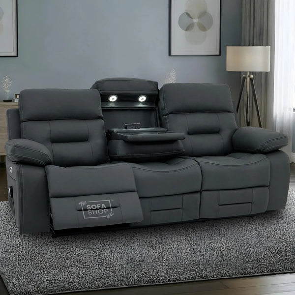 3 Seater Electric Recliner Cinema Sofa in Grey Leather | Hi-Tech Cinema Seats with Drop-Down Table, LED Reading Light, Power Headrest, Power Recliner, Bluetooth, Socket Set, Storage Drawer, USB & Wireless Charging | Sicily