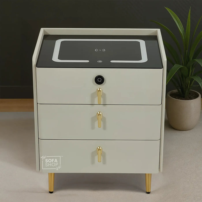 California Smart Bedside Table – Off-White Faux Leather 3-Drawer Nightstand with Fingerprint Lock, LED & Wireless Charger | The Sofa Shop
