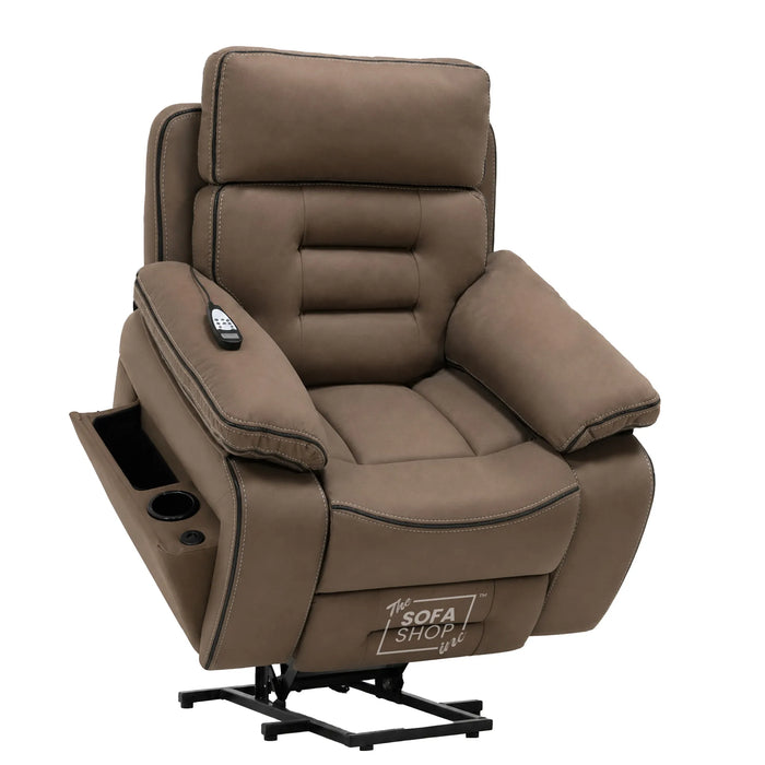Electric Riser Chair In Mocha Brown Fabric | Hi-Tech Recliner Armchair With Vibration Massage + Heated Lumbar + Cooling Cup Holder + Power Headrest | Tuscany | The Sofa Shop