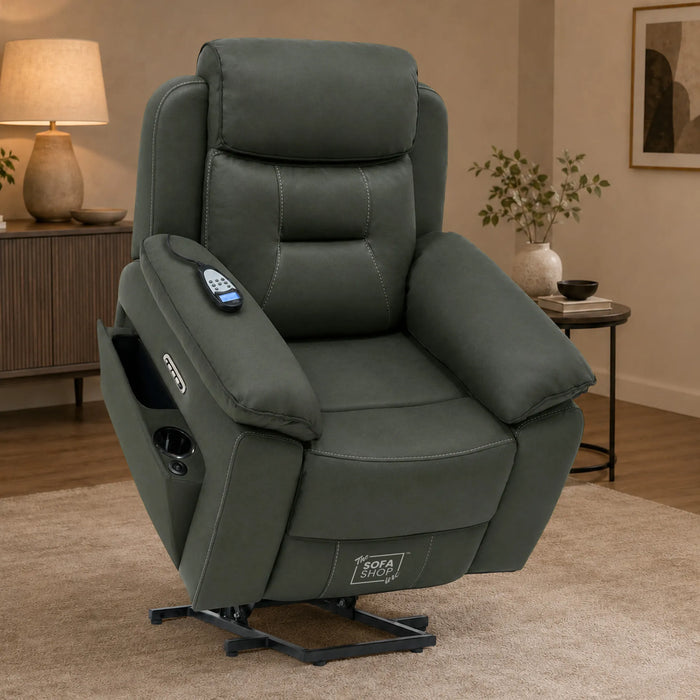1 Seater Electric Dual Lift Riser Chair In Green Fabric | Hi-Tech Recliner Riser With Massage + Heating Comfort + Power Headrest + LED Light + USB-C | Florence | The Sofa Shop