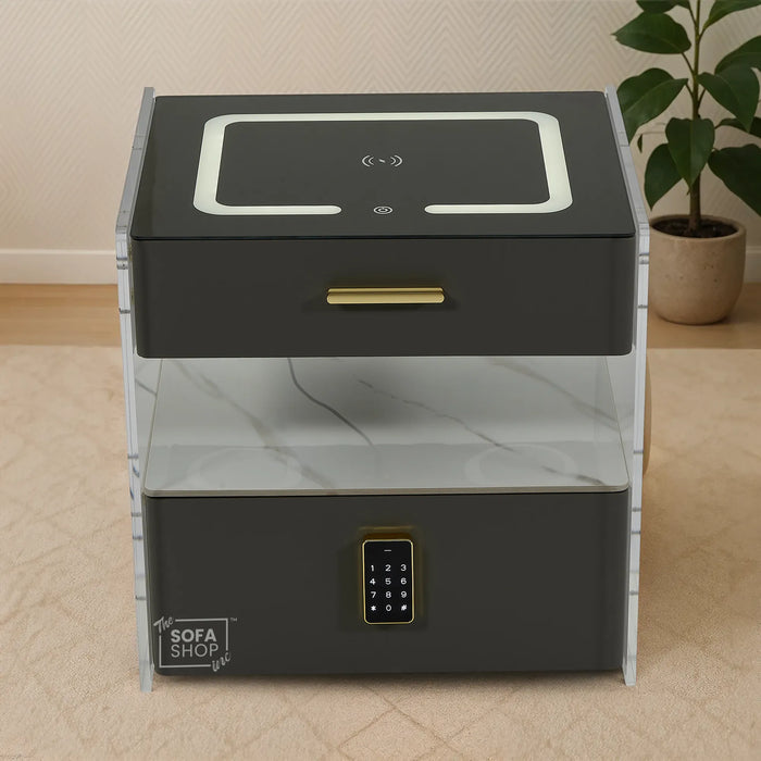 Chicago Smart Bedside Table – Grey 2-Drawer Nightstand with LED Lights, PIN-Lock Drawer & Wireless Charger