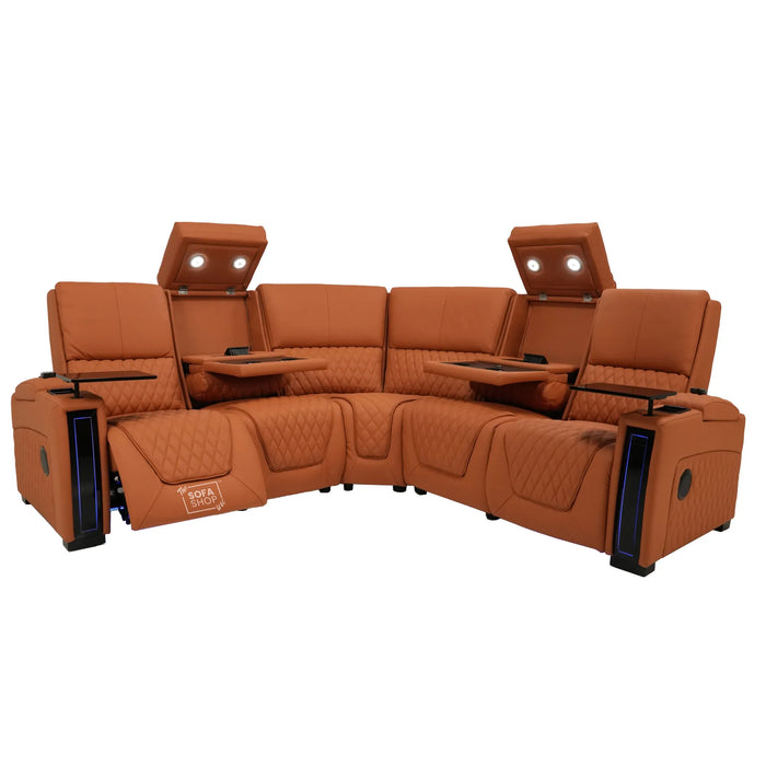 Assisi Corner Cinema Sofa in Orange Real Leather | Hi-Tech Couch with Power Recline + Power Headrests + Wireless Charging + Massage + Heating & Cooling Cupholders | Assisi | The Sofa Shop
