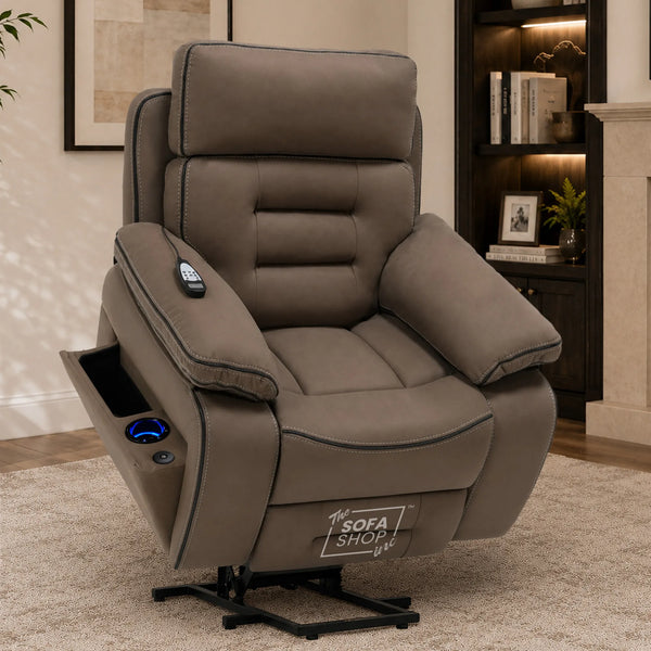 Electric Riser Chair In Mocha Brown Fabric | Hi-Tech Recliner Armchair With Vibration Massage + Heated Lumbar + Cooling Cup Holder + Power Headrest | Tuscany | The Sofa Shop