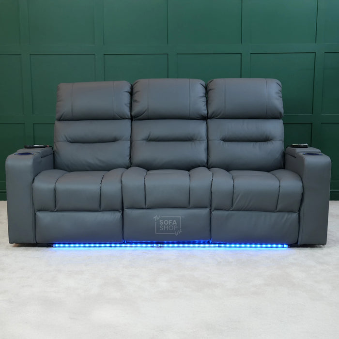 3 Seater Electric Recliner Cinema Sofa In Grey Leather | Table Stuck, Left Side Scuffed, No Ears | Siena | Second Hand Sofa 120
