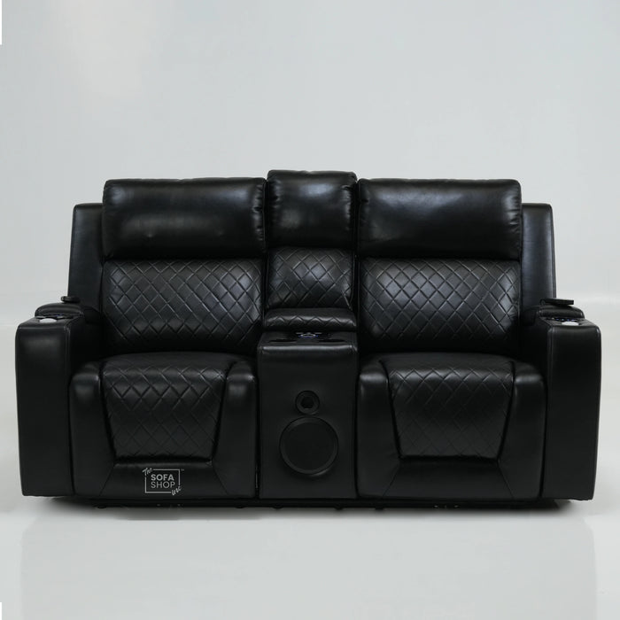 2 Seater Black Leather Smart Recliner With Massage & Speakers | Different Cupholders | Venice | Ex Display