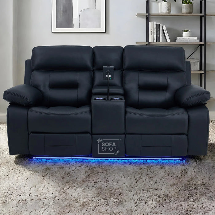 2 Seater Cinema Sofa in Black Genuine Leather | Hi-Tech Recliner Couch with Power Recline + Power Headrests + Sockets + Speakers + Cooling Cupholders | Sicily | The Sofa Shop