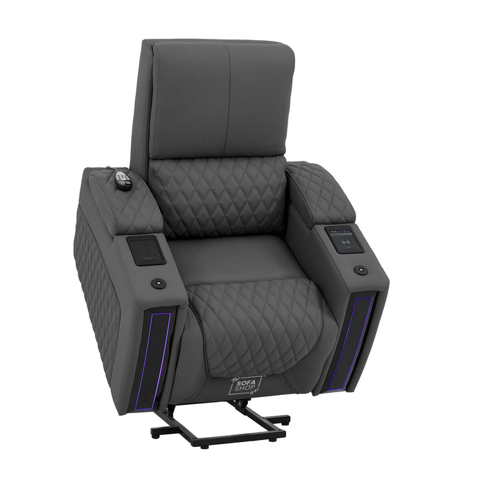 1 Seater Electric Recliner Riser Chair | Power Recline, Heated Lumbar & Massage, Cooling & Heating Cup Holders | Grey Real Leather Riser Armchair with Tray Tables | Assisi | The Sofa Shop