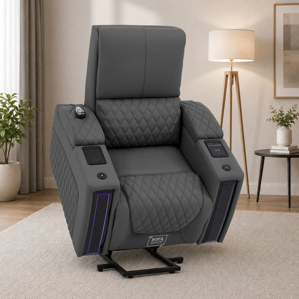 1 Seater Electric Recliner Riser Chair | Power Recline, Heated Lumbar & Massage, Cooling & Heating Cup Holders | Grey Real Leather Riser Armchair with Tray Tables | Assisi | The Sofa Shop