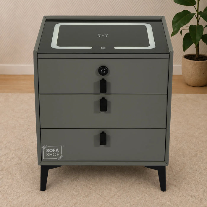 Florida Smart Bedside Table – Grey Faux Leather 3-Drawer Nightstand with LED Lights, Fingerprint Lock & Wireless Charger | The Sofa Shop