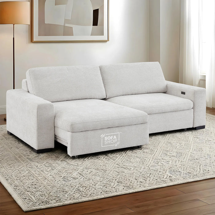 Palma 3 Seater Fabric Extendable Electric Sofa Bed | Power Sliding Couch with USB + USB-C Charging – Light Grey Chenille | Home Theatre Seating & Comfort Headrests | The Sofa Shop