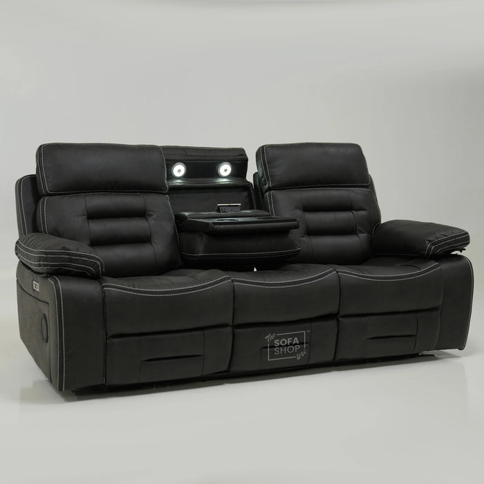 3 Seater Cinema Sofa in Black Velvet Fabric | Hi-Tech Cinema Sofa with Power Recline + Power Headrests + Wireless Charging + Speakers + Fold Down Table| Sample | Tuscany | The Sofa Shop