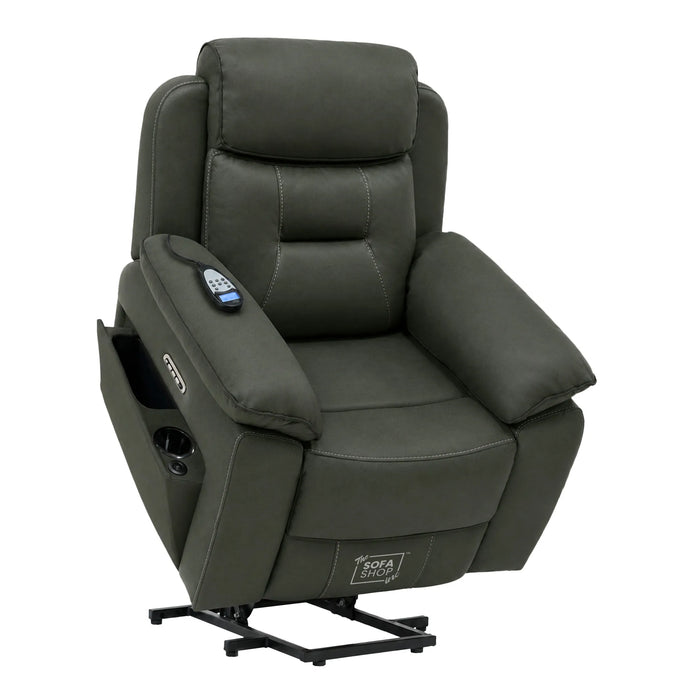 1 Seater Electric Dual Lift Riser Chair In Green Fabric | Hi-Tech Recliner Riser With Massage + Heating Comfort + Power Headrest + LED Light + USB-C | Florence | The Sofa Shop