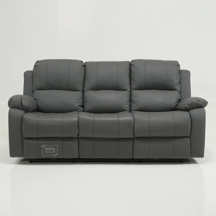 3 Seater Manual Recliner Sofa in Grey Leather | Manual Recliner Sofa with Drop-Down Table + Cup Holders + Padded Armrests + Smooth Recline | Trento Second Hand 27 | The Sofa Shop