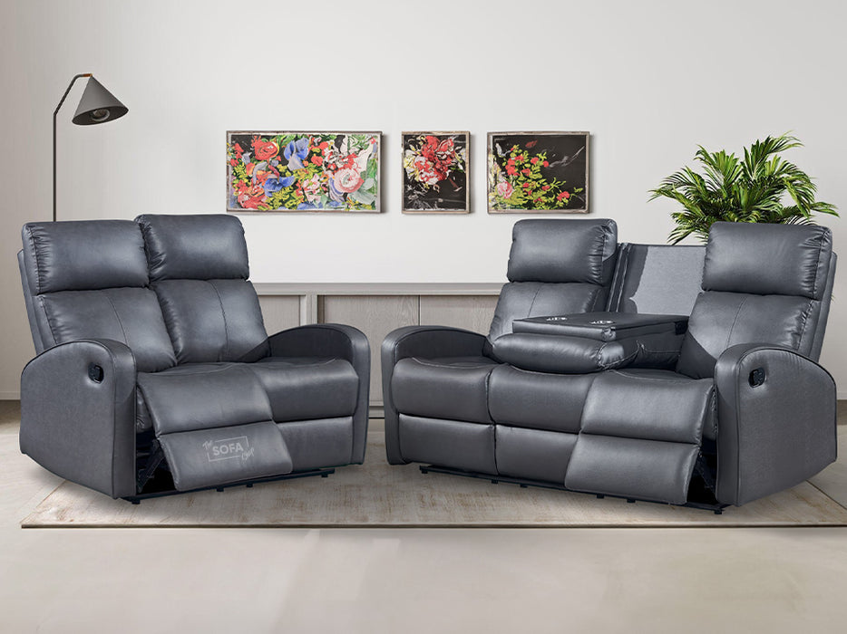 3 2 Recliner Sofa Set. 2 Piece Recliner Sofa Package Suite in Grey Leather with Drop-Down Table & Drink Holders- Parma
