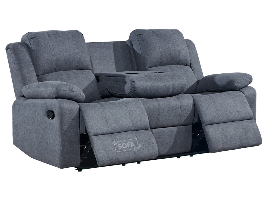 3 Seater Recliner Sofa in Dark Grey Fabric with Drop-Down Table & Cup Holders - Trento