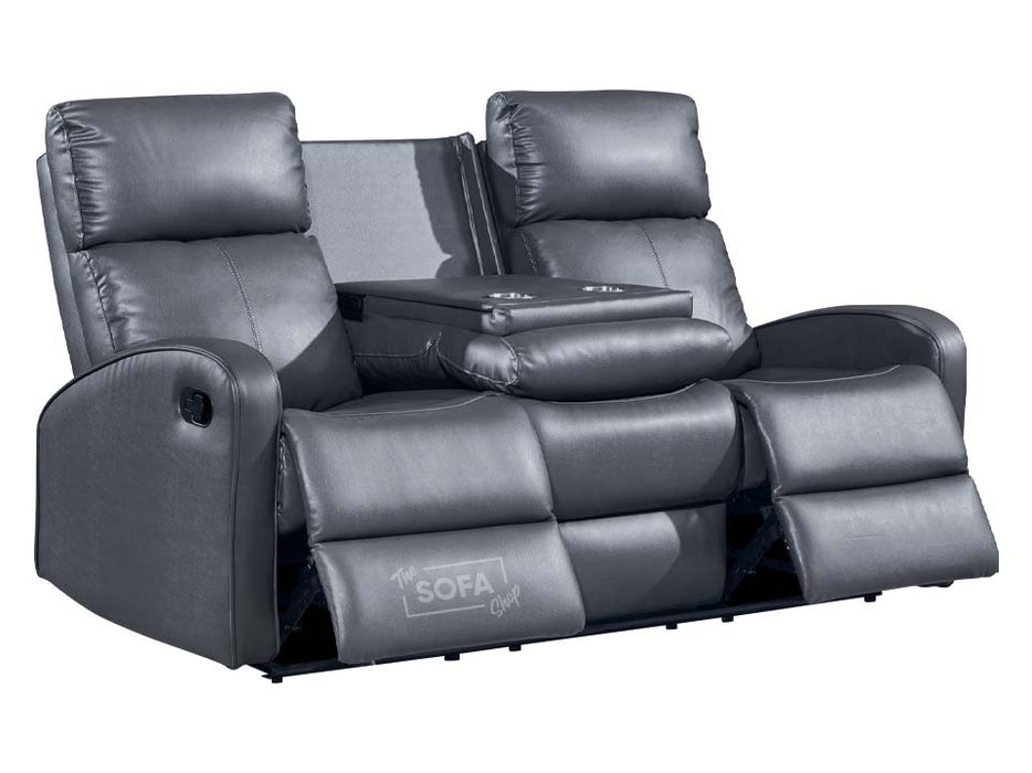 3 Seater Recliner Sofa in Grey Leather with Drop-Down Table & Cup Holders - Parma
