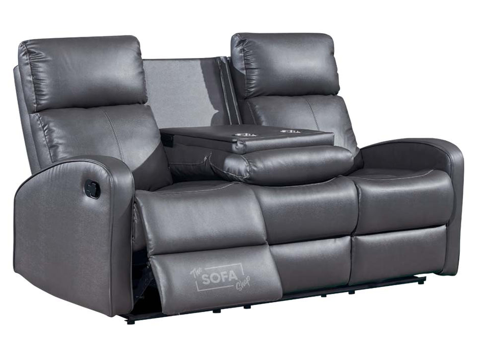 3 Seater Recliner Sofa in Grey Leather with Drop-Down Table & Cup Holders - Parma
