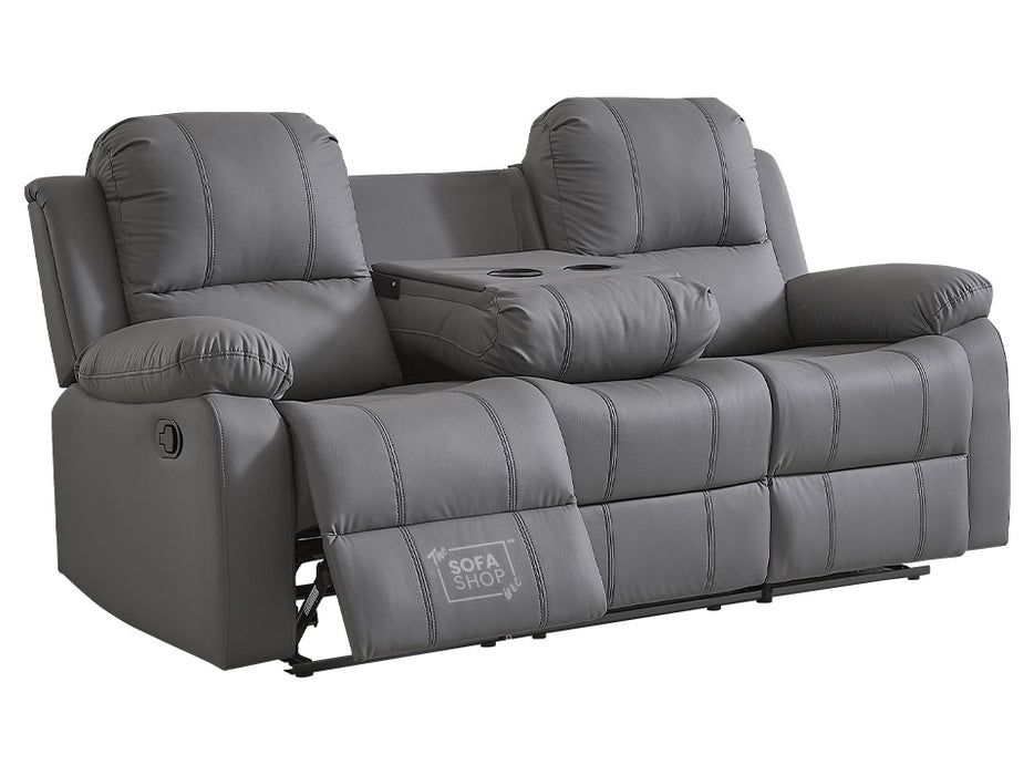 3 2 1 Recliner Sofa Set. 3 Piece Recliner Sofa Package Suite in Grey Leather with Drop-Down Table & Drink Holders- Trento