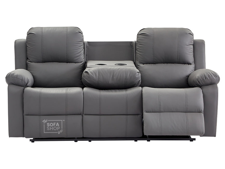 3 Seater Recliner Sofa in Grey Leather with Drop-Down Table & Cup Holders - Trento