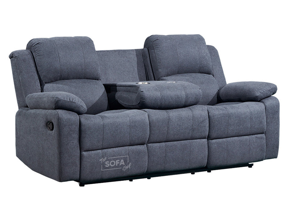 3 Piece Sofa Set - Recliner Sofa - 3+3+3 Seat Sofa Suite Package in Dark Grey Fabric with Folding Table & Cupholders - Trento