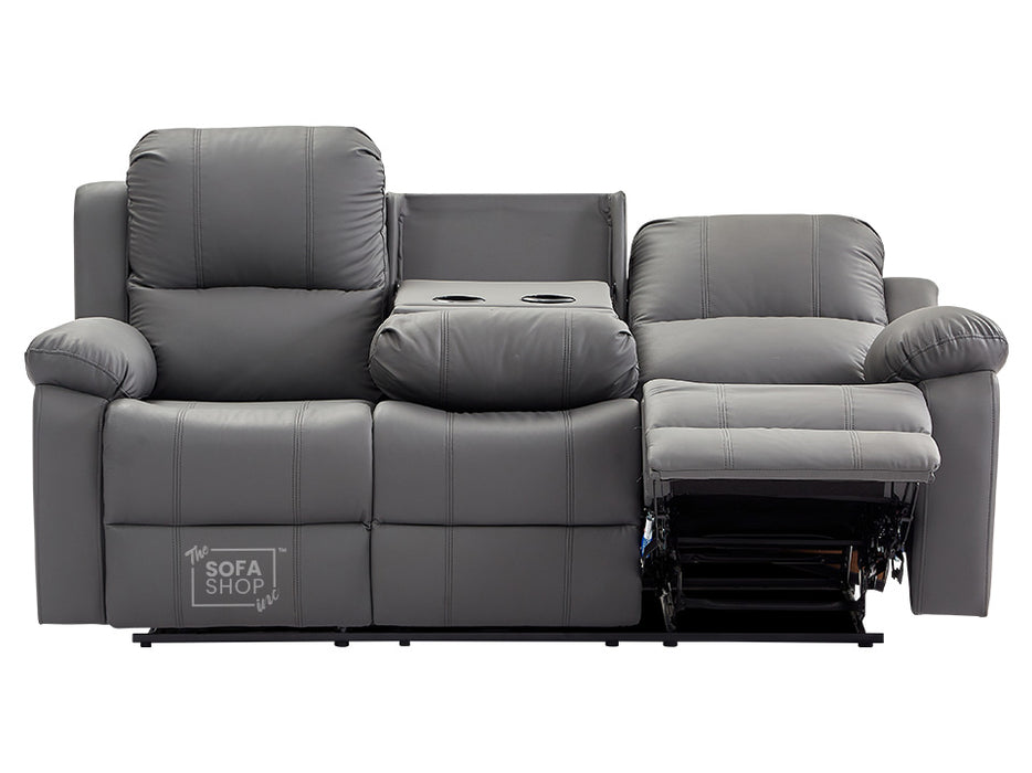 3 Seater Recliner Sofa in Grey Leather with Drop-Down Table & Cup Holders - Trento