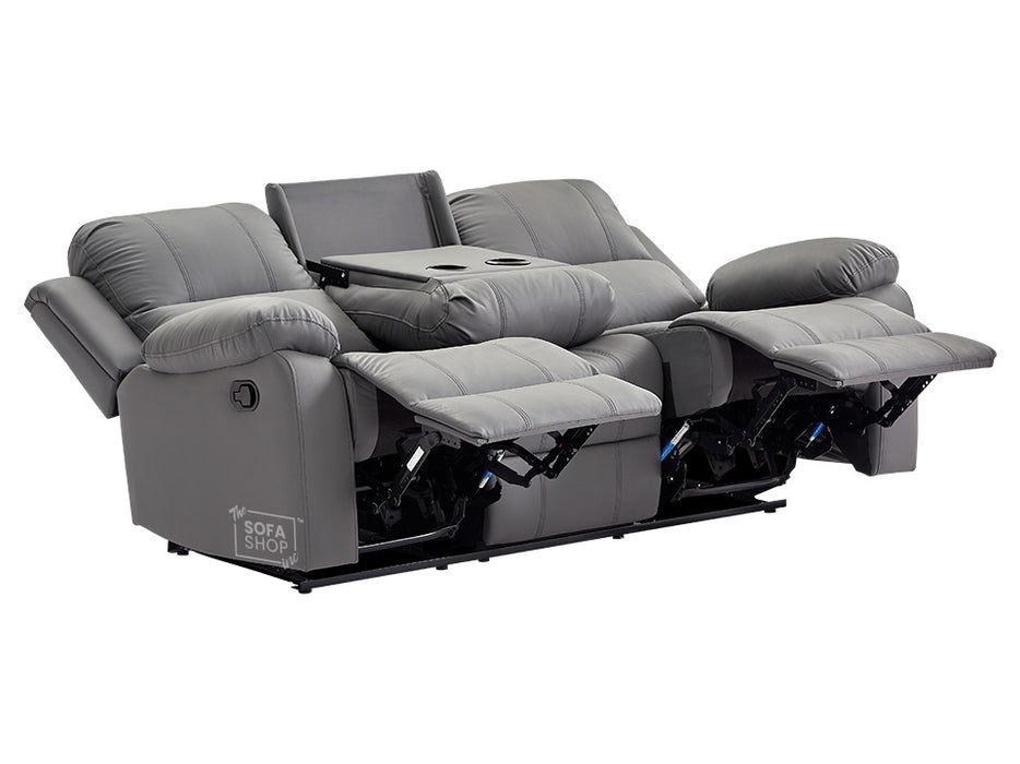 3+1 Recliner Sofa Set inc. Chair in Grey Leather with Drop-Down Table & Cup Holders - 2 Piece Trento Sofa Set