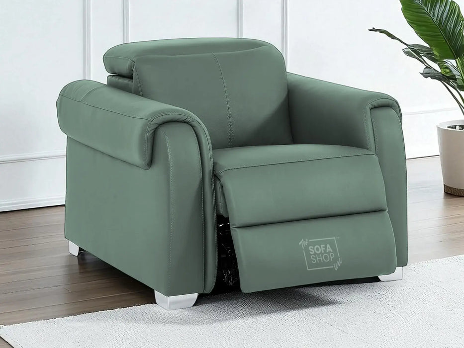 Real Leather Electric Recliner Chair In Green | Hi-Tech Chair with Massage, Power Headrest + USB Charging Ports | Turin