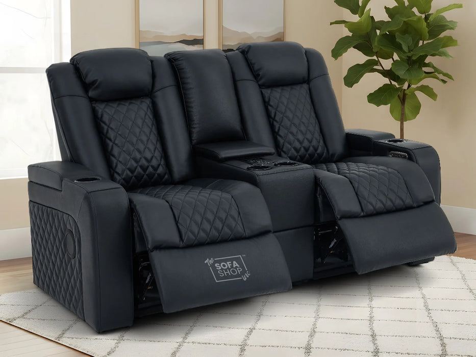 2 Seater Real Leather Electric Recliner Cinema Sofa in Black | Hi-Tech Sofa with Adjustable Headrest, Lumbar Support, Bluetooth Speaker | Milano | The Sofa Shop