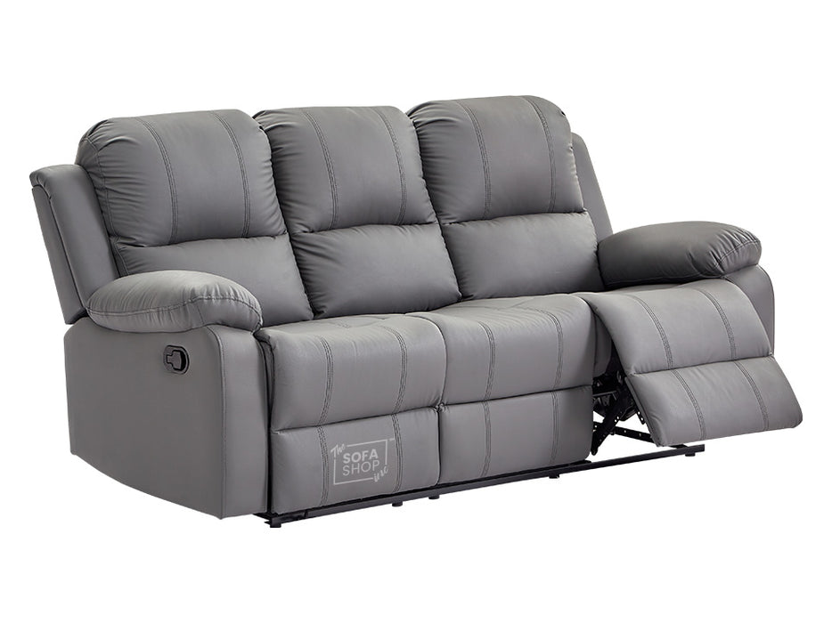 3 Seater Recliner Sofa in Grey Leather with Drop-Down Table & Cup Holders - Trento