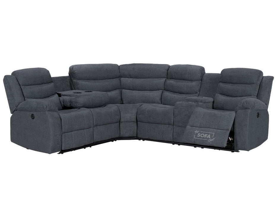 Electric Recliner Corner Sofa and Chair in Dark Grey Fabric with Console, Wireless Chargers & Cup Holders - Chelsea