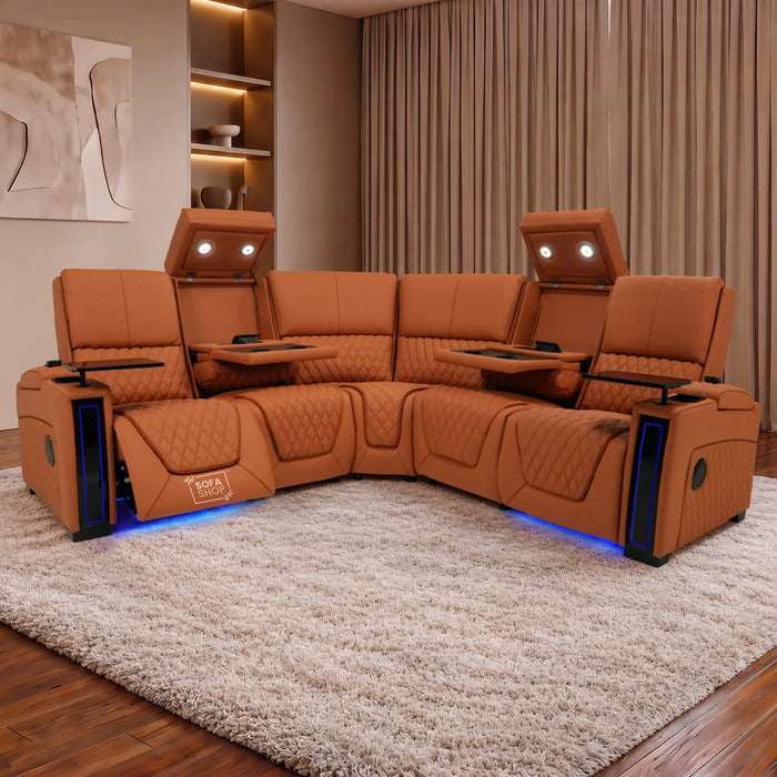 Assisi Corner Cinema Sofa in Orange Real Leather | Hi-Tech Couch with Power Recline + Power Headrests + Wireless Charging + Massage + Heating & Cooling Cupholders | Assisi | The Sofa Shop