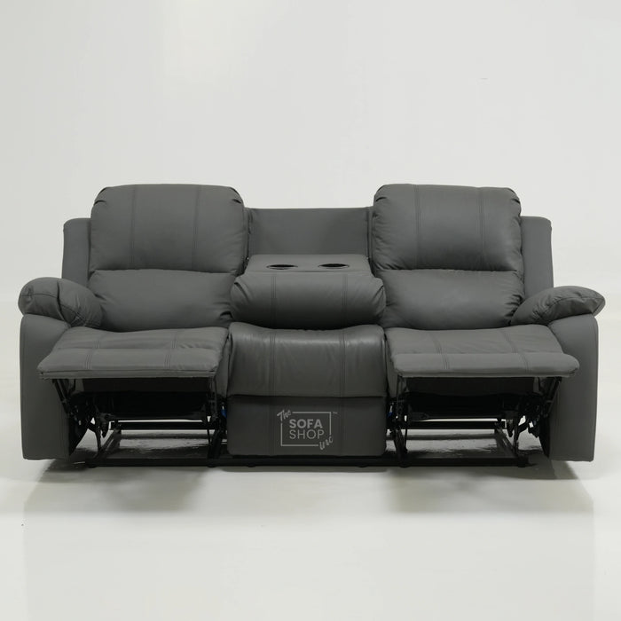 3 Seater Manual Recliner Sofa in Grey Leather | Manual Recliner Sofa with Drop-Down Table + Cup Holders + Padded Armrests + Smooth Recline | Trento Second Hand 27 | The Sofa Shop