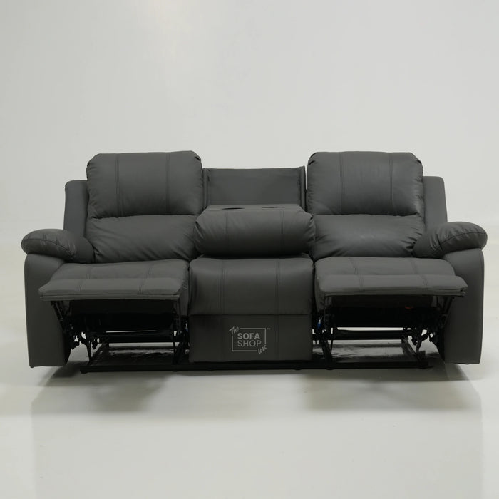 3 Seater Manual Recliner Sofa in Grey Leather | Drop-Down Table & Cup Holders | Trento | Second Hand 28 | The Sofa Shop