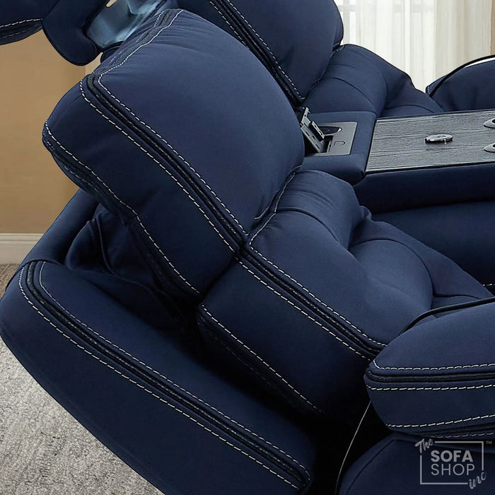 3 Seater Blue Fabric Electric Recliner Cinema Sofa | Hi-Tech Sofa With Massage, Heat, Multi-Link Bluetooth, Fold-Down Table & Wireless Charger, Power Headrest | Tuscany | The Sofa Shop