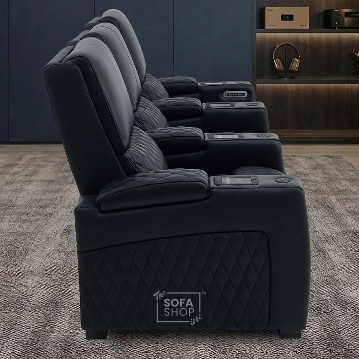 3 Seater Black Real Leather Electric Recliner Cinema Sofa | Leather Settee With Power Lumbar, Power Headrests + Wireless Charging, Heating & Cooling Cupholders, Power Grommets  | Assisi | The Sofa Shop