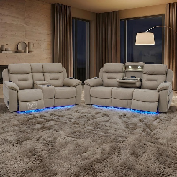 3+2 Piece Electric Home Cinema Sofa Set | Fabric Couch Suite In Beige | Hi-Tech Sofa Set With Massage + Heating + Console + Power Grommet + Table + Reading Lamps | Florence | The Sofa Shop