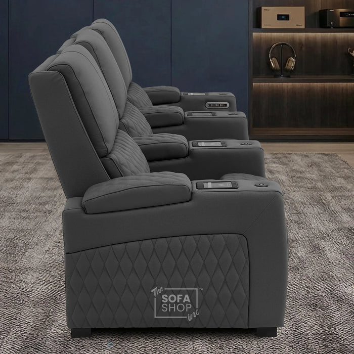 3 Seater Electric Recliner Cinema Sofa in Grey Real Leather | Hi-Tech Cinema Couch with Power Lumbar + Cooling & Heating Cupholders + Wireless Charging + Front Gloss Led + Power Headrests | Assisi | The Sofa Shop