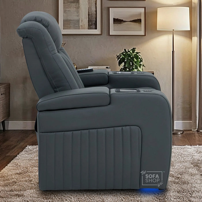 Electric Recliner Cinema Chair in Grey Genuine Leather | Hi-Tech Armchair With Massage, Heated Lumbar, Heating & Cooling Cup Holders & Power Headrest | Capri | The Sofa Shop