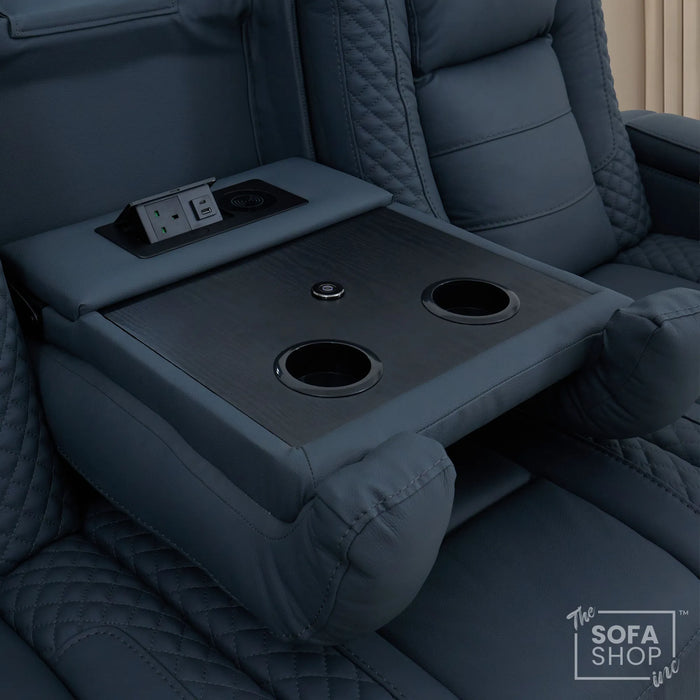 3+2 Seater Blue Real Leather Recliner Cinema Sofa | Hi-Tech Sofa Suite with Power Recline + Power Headrests + Wireless Charging + Bluetooth Speakers + Heat & Cool Cupholders | Napoli | The Sofa Shop